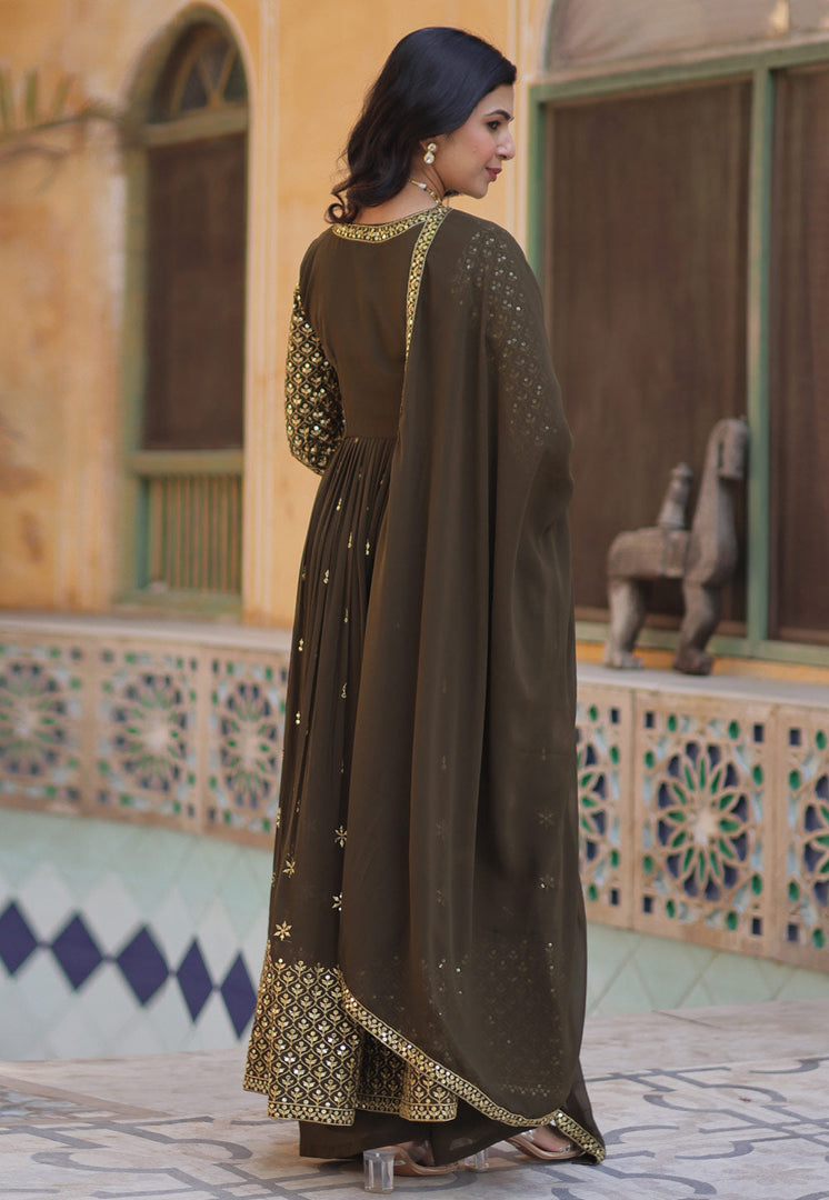 Brown Faux Georgette Readymade Anarkali Suit