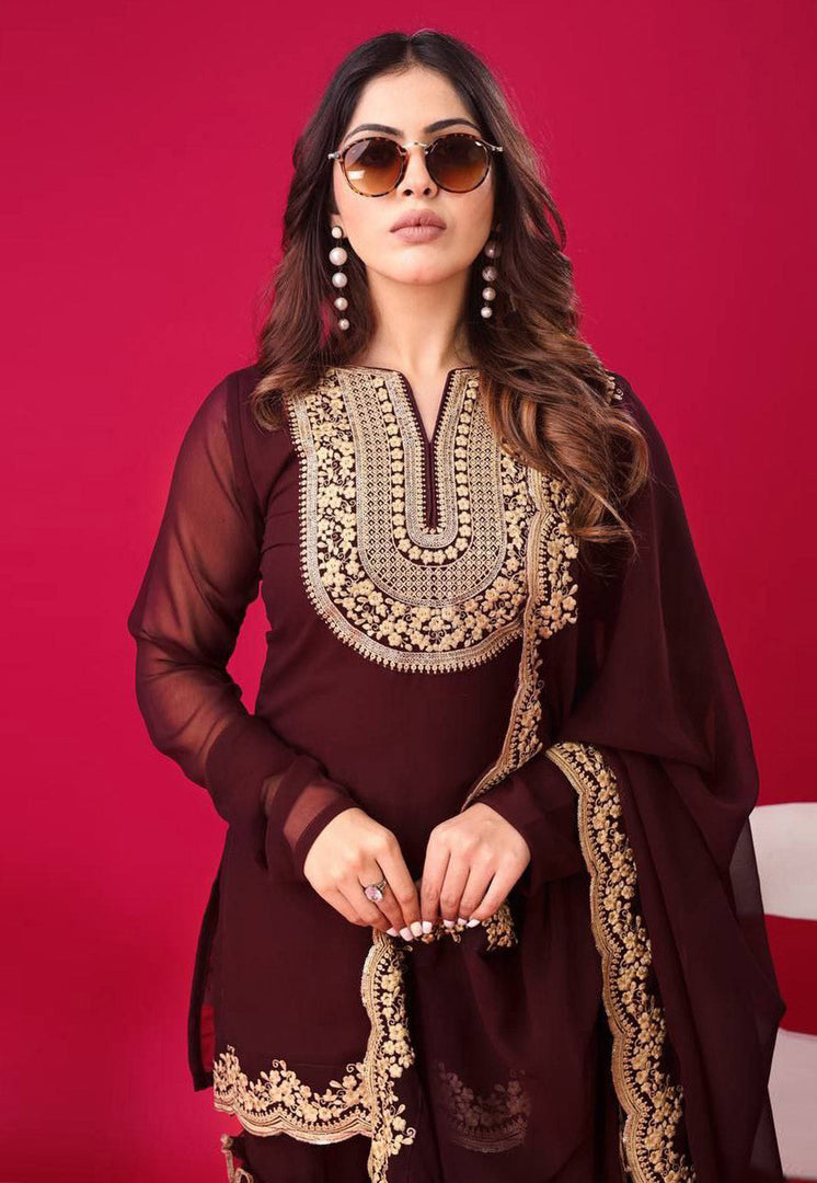 Brown Faux Georgette Readymade Sharara Suit