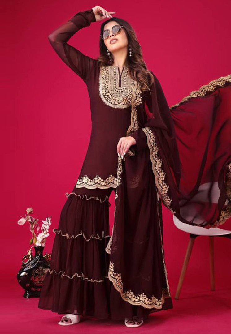 Brown Faux Georgette Readymade Sharara Suit