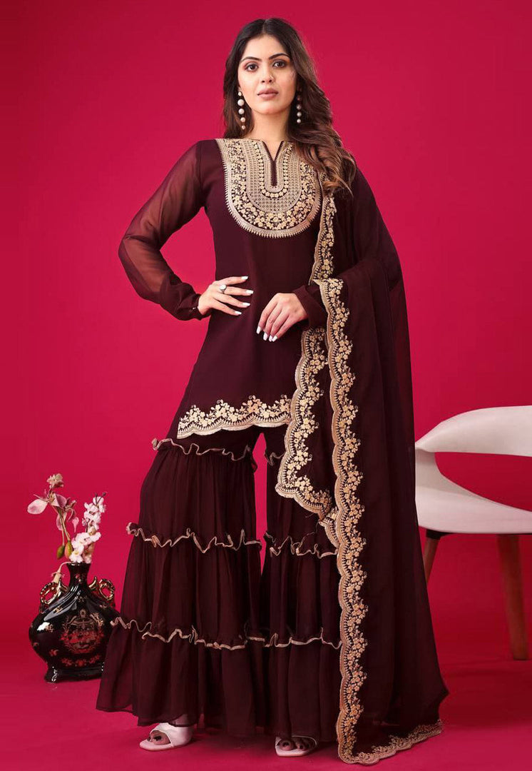 Brown Faux Georgette Readymade Sharara Suit