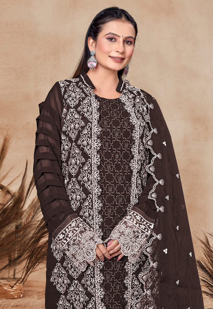 Brown Georgette Embroidered Pant Style Suit