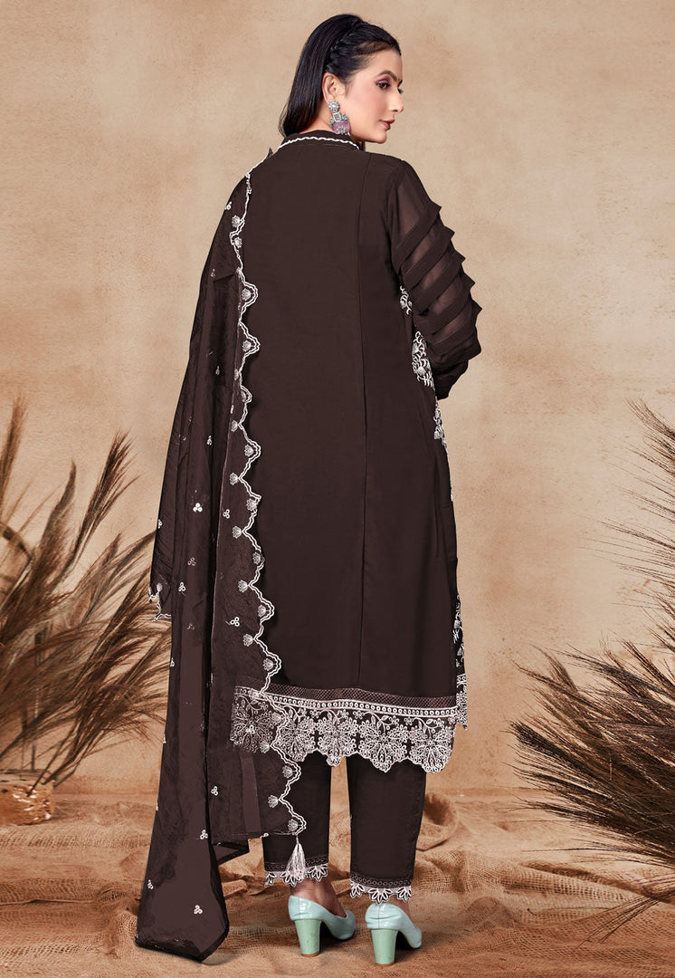 Brown Georgette Embroidered Pant Style Suit