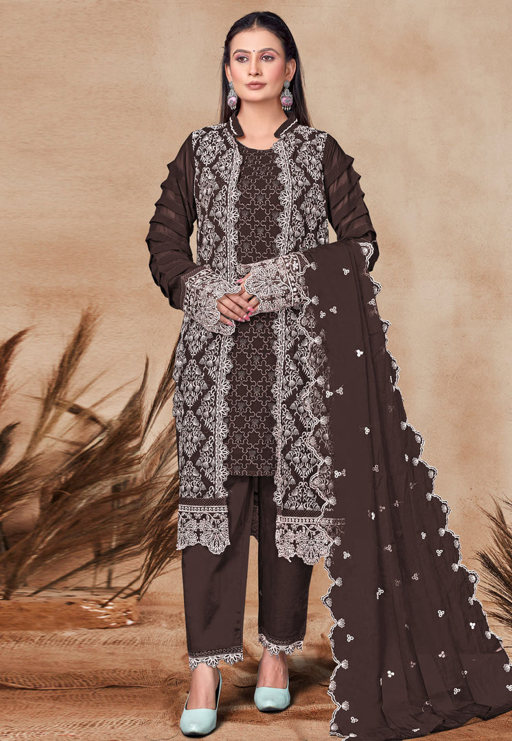 Brown Georgette Embroidered Pant Style Suit