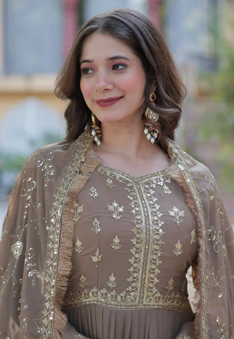 Brown Georgette Readymade Anarkali Suit