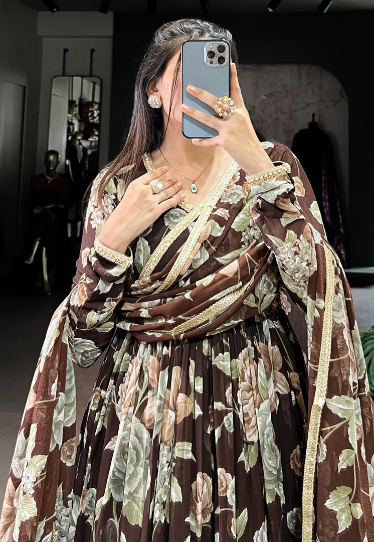 Brown Georgette Readymade Anarkali Suit
