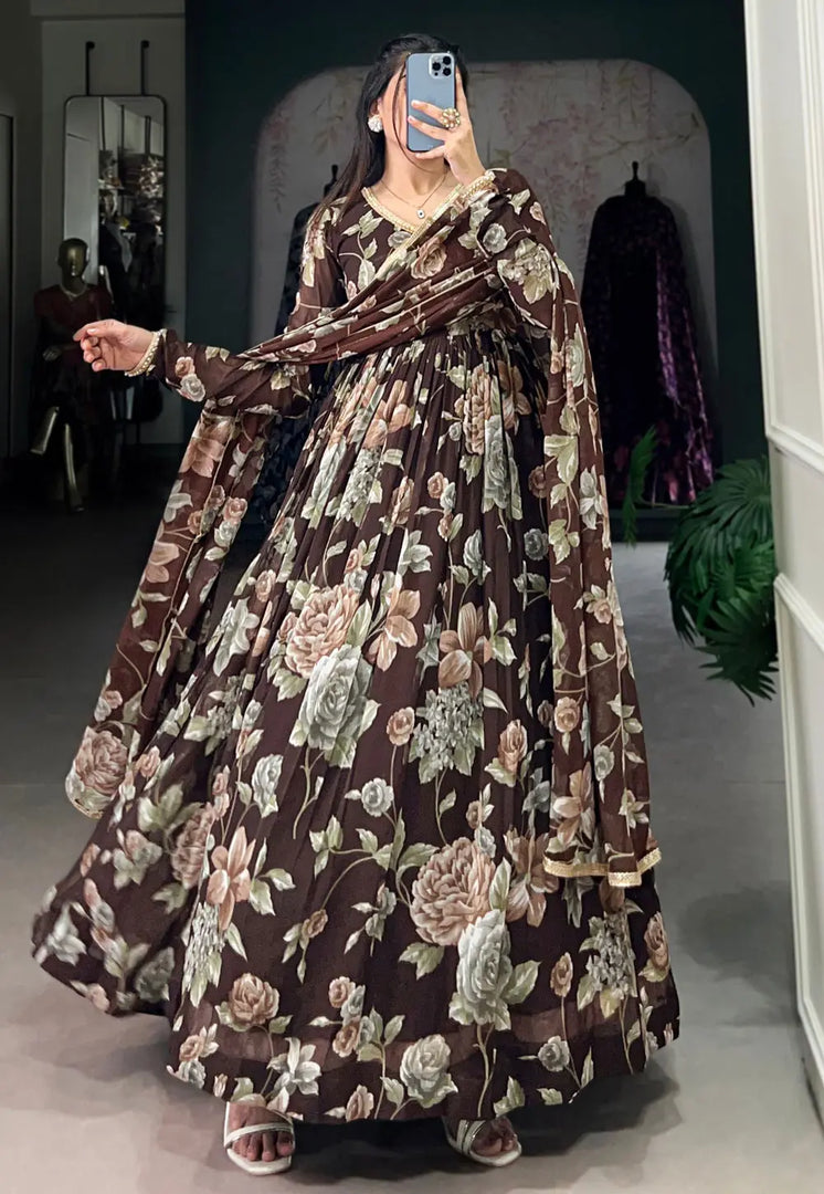 Brown Georgette Readymade Anarkali Suit