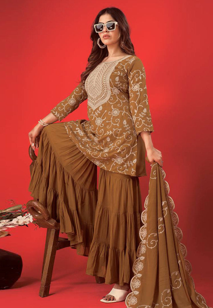 Brown Georgette Readymade Sharara Suit