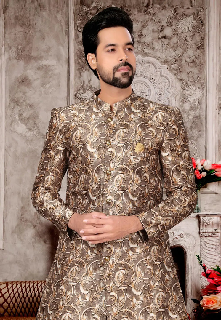 Brown Jacquard Indo Western Suit