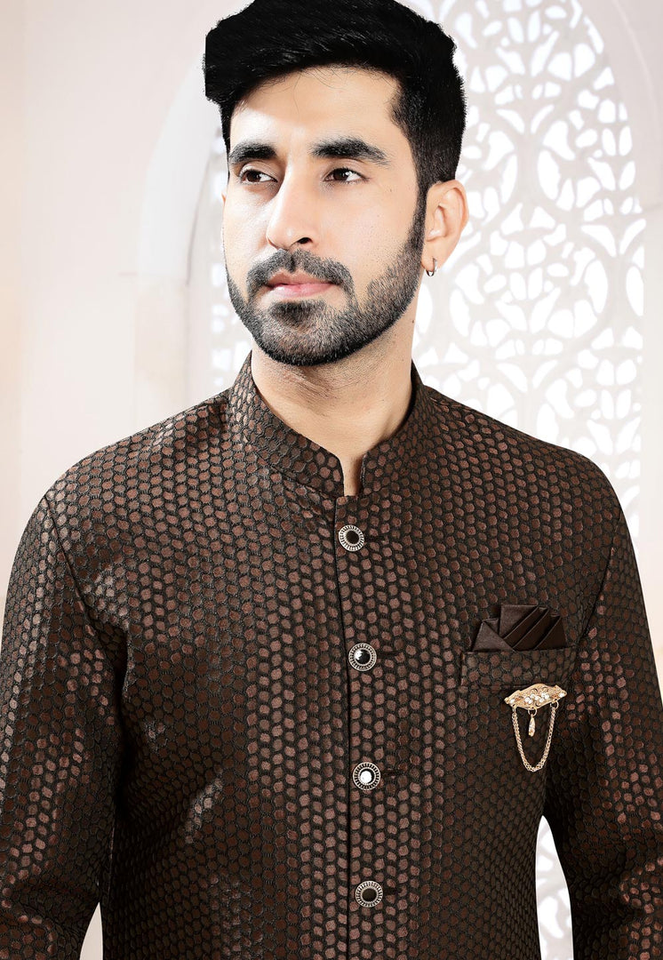 Brown Jacquard Indo Western Suit