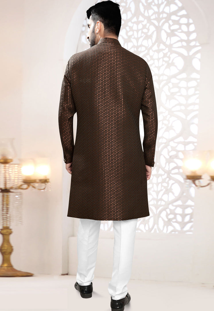 Brown Jacquard Indo Western Suit