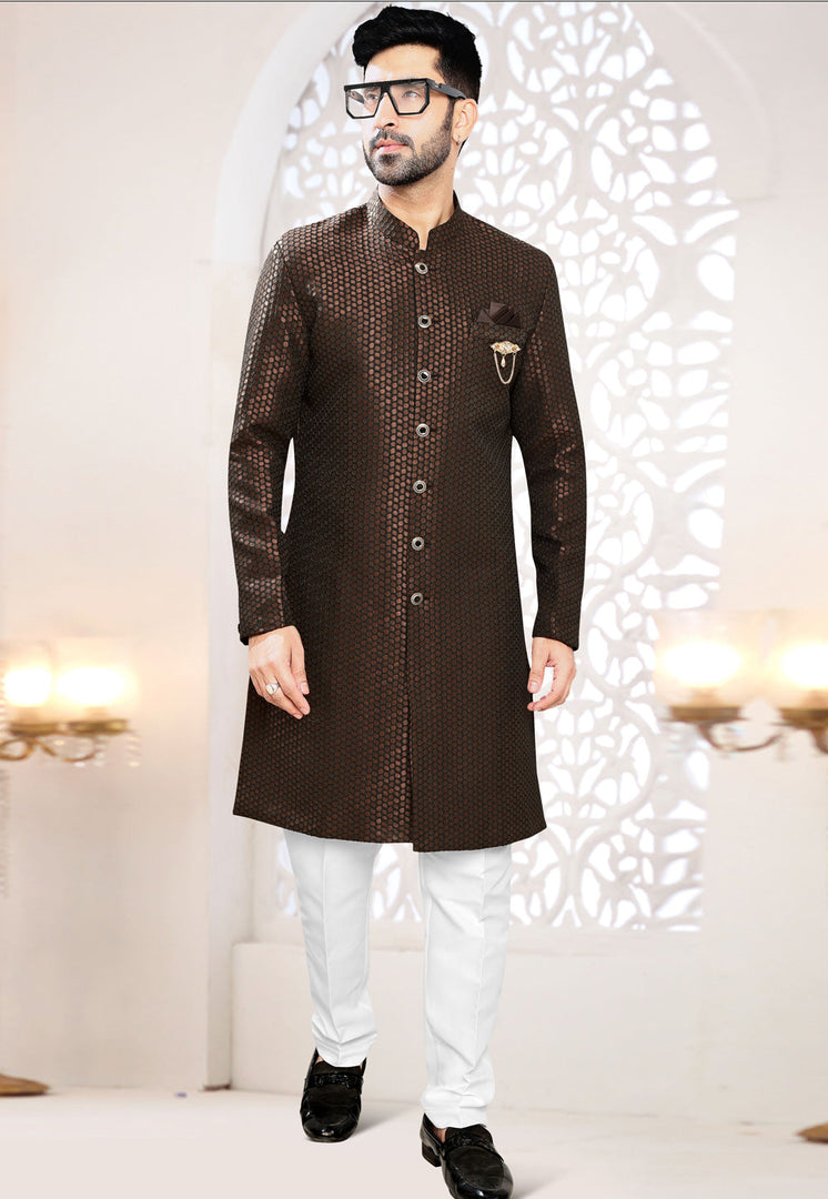 Brown Jacquard Indo Western Suit