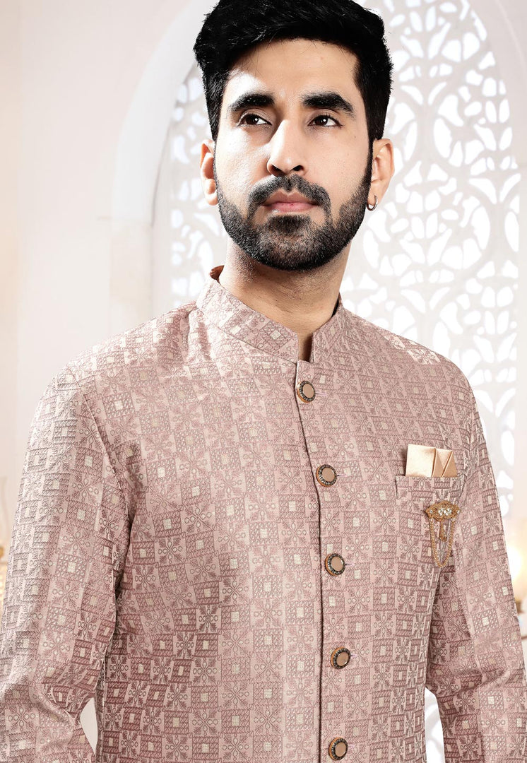 Brown Jacquard Indo Western Suit