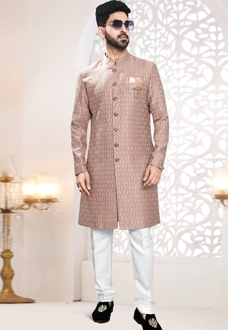 Brown Jacquard Indo Western Suit