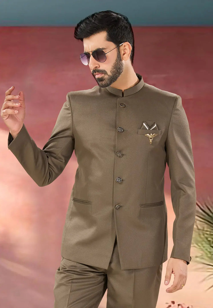 Brown Jacquard Jodhpuri Suit