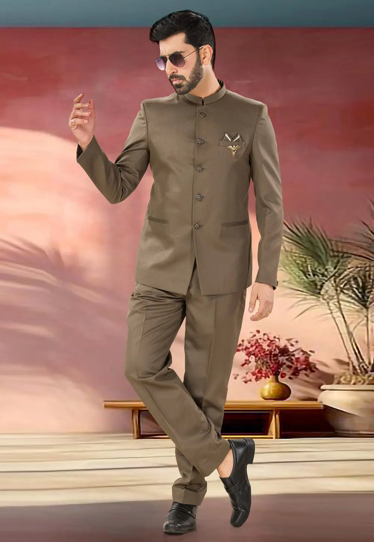 Brown Jacquard Jodhpuri Suit