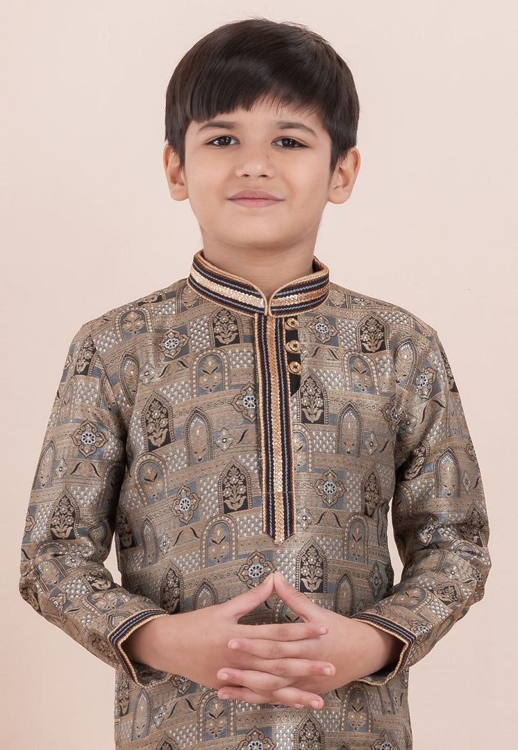 Brown Jacquard Silk Kids Kurta Pajama