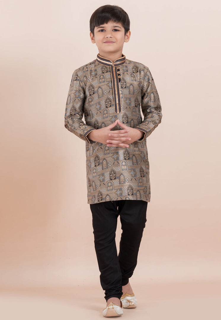 Brown Jacquard Silk Kids Kurta Pajama