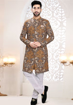 Load image into Gallery viewer, Brown Linen Indo Western Suit

