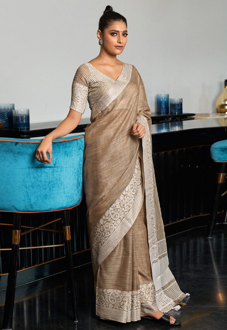 Brown Linen Saree With Blouse