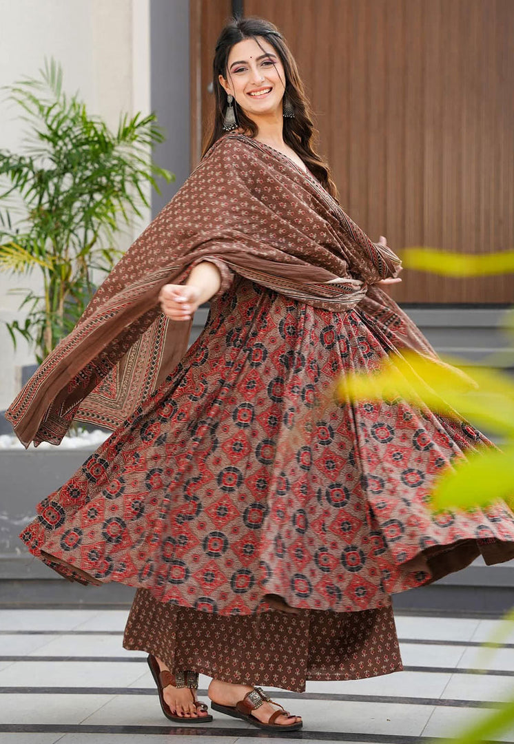 Brown Muslin Readymade Palazzo Suit