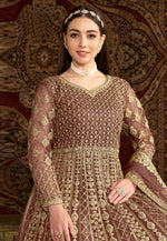 Load image into Gallery viewer, Brown Net Embroidered Anarkali Suit
