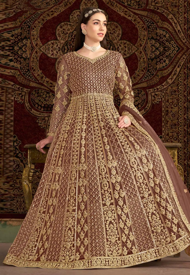 Brown Net Embroidered Anarkali Suit