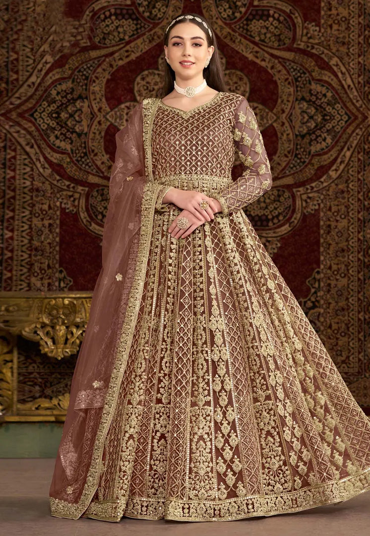 Brown Net Embroidered Anarkali Suit