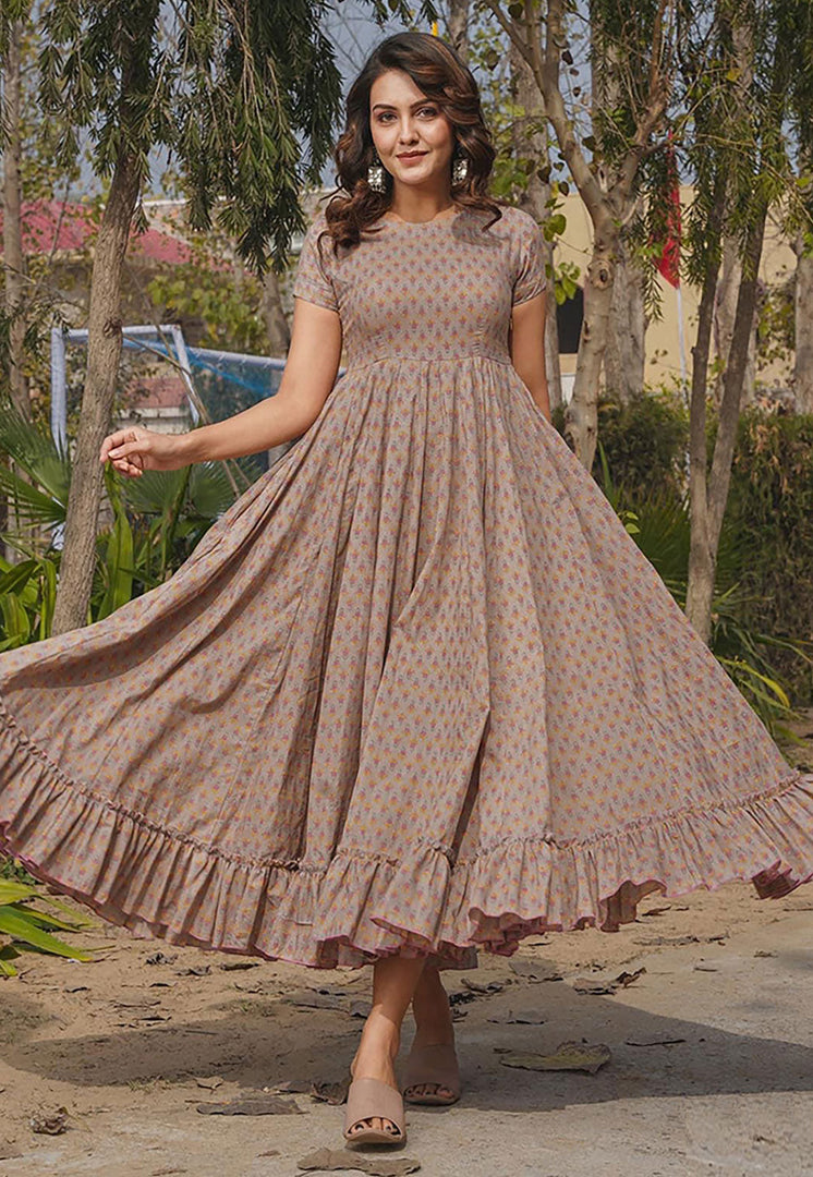 Brown Rayon Printed Gown