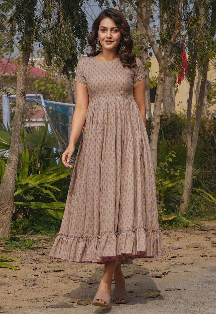 Brown Rayon Printed Gown