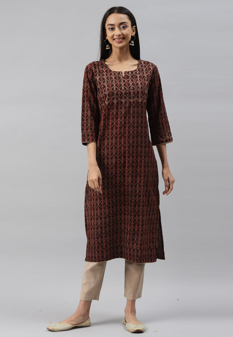 Brown Rayon Printed Kurti