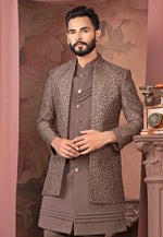 Load image into Gallery viewer, Brown Silk Jacket Style Sherwani
