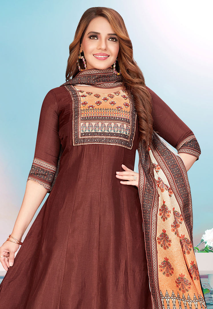 Brown Silk Readymade Anarkali Suit