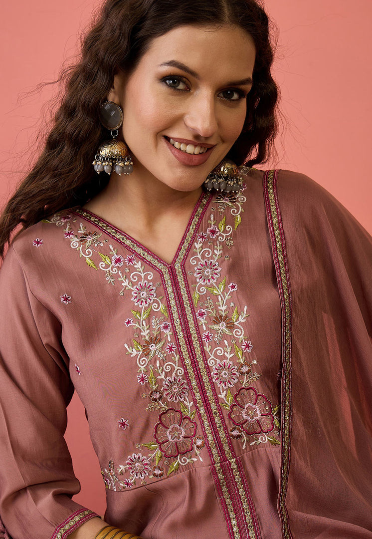 Brown Silk Readymade Palazzo Suit