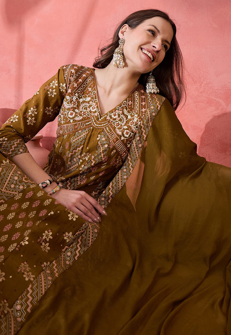 Brown Silk Readymade Palazzo Suit
