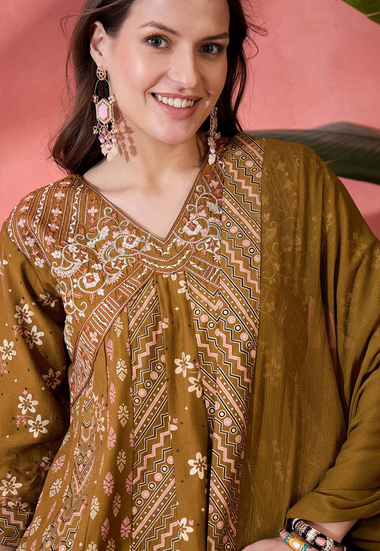 Brown Silk Readymade Palazzo Suit