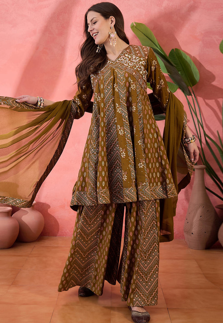 Brown Silk Readymade Palazzo Suit