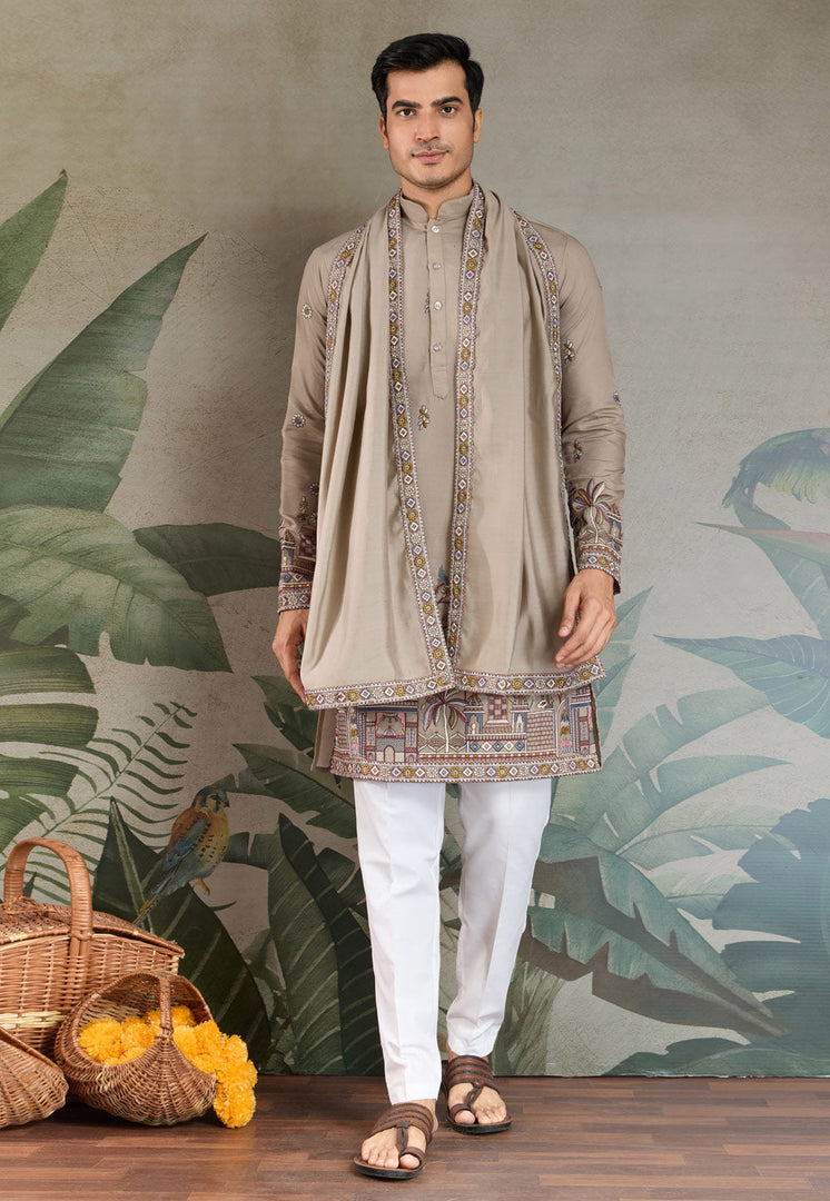Brown Viscose Kurta Pajama With Stole