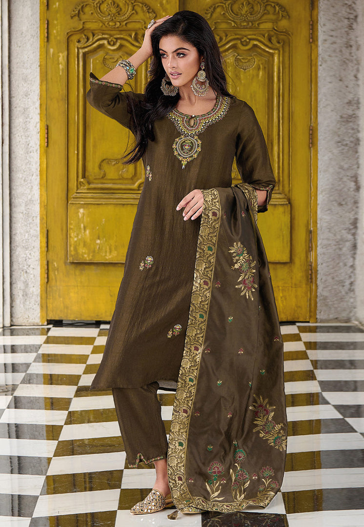 Brown Viscose Readymade Pakistani Suit