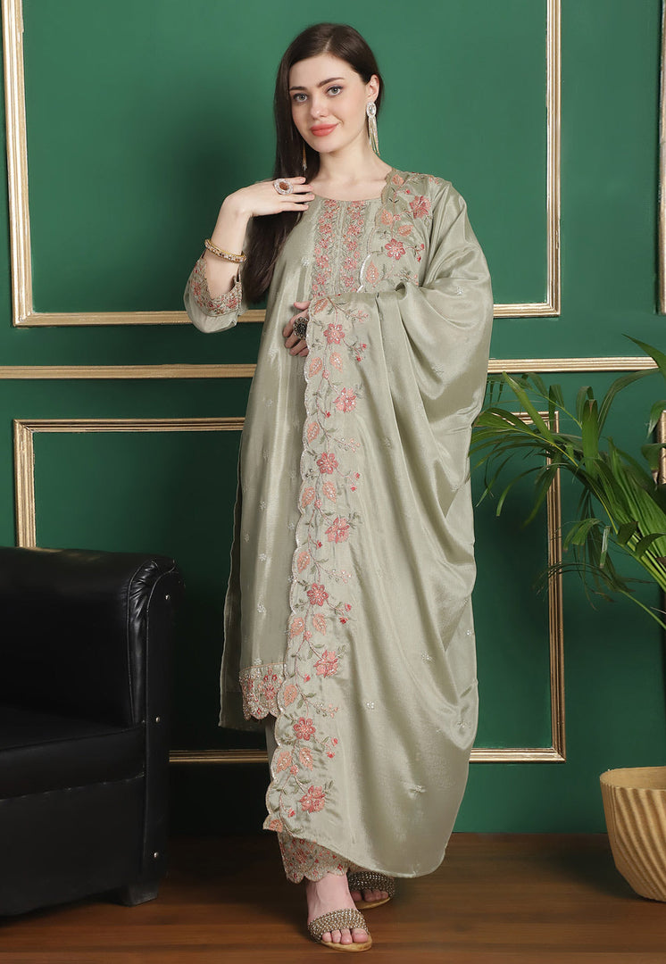 Camo Green Chinon Chiffon Pant Style Suit