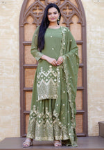Load image into Gallery viewer, Camo Green Faux Georgette Readymade Palazzo Suit
