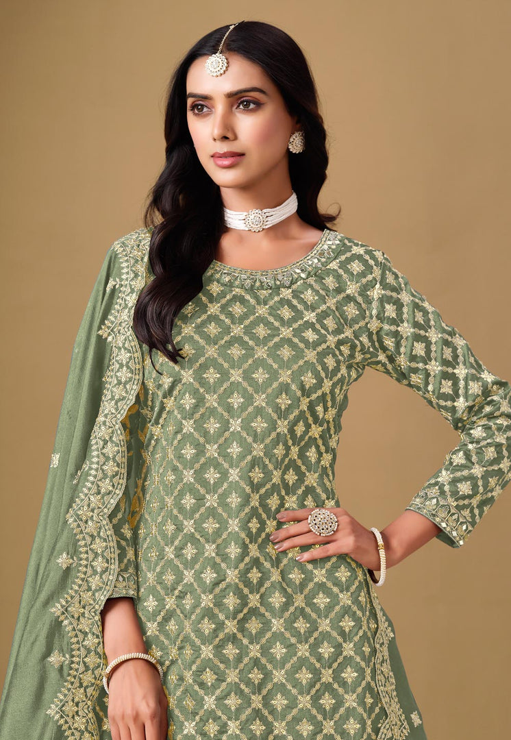 Camo Green Jacquard Long Choli Lehenga