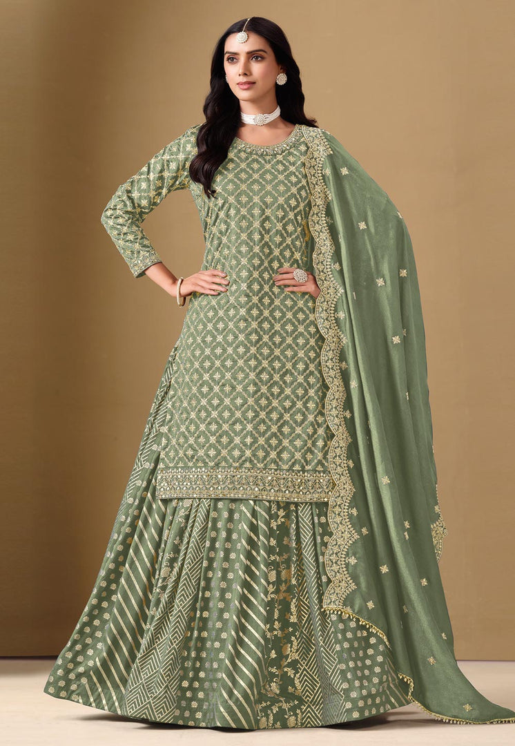 Camo Green Jacquard Long Choli Lehenga