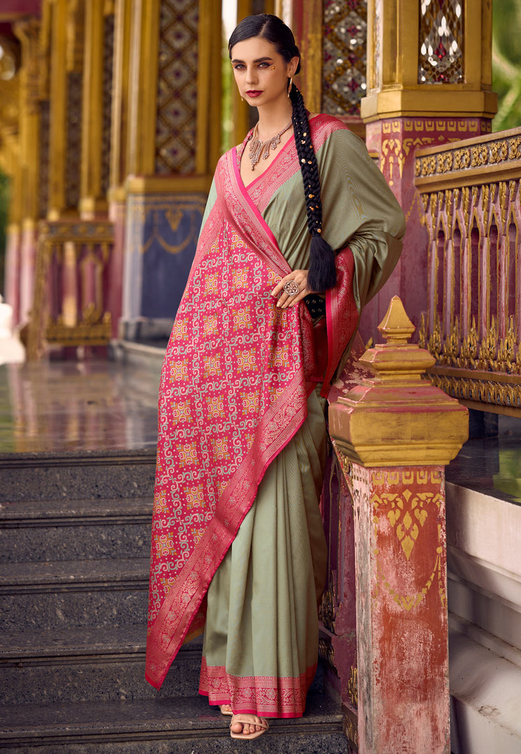 Camo Green Silk Saree With Blouse