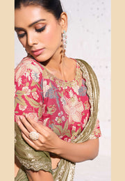 Camo Green Silk Saree With Blouse