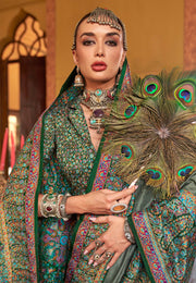 Camo Green Silk Saree With Blouse