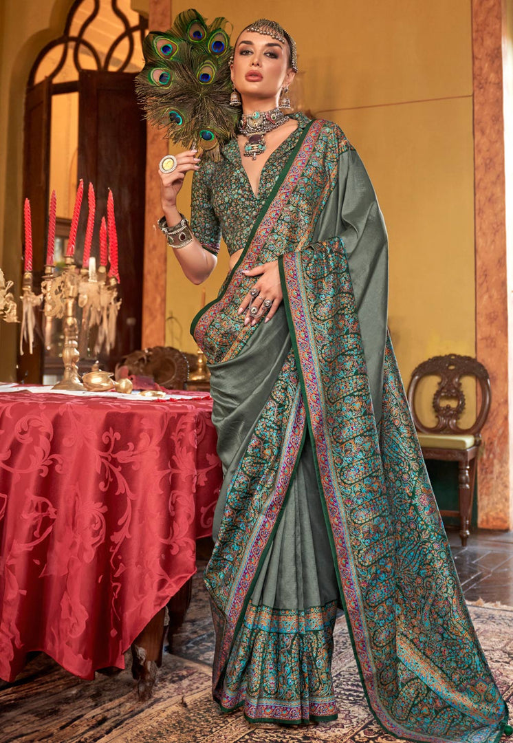 Camo Green Silk Saree With Blouse