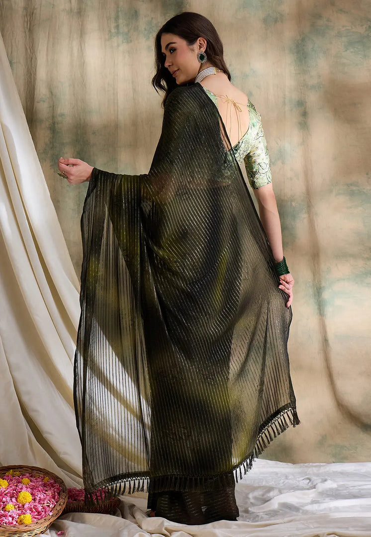 Camo Green Silk Saree With Blouse