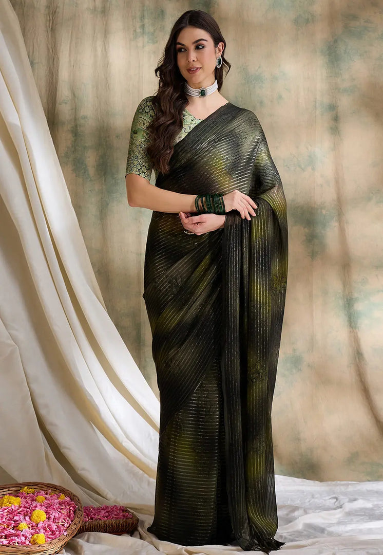 Camo Green Silk Saree With Blouse
