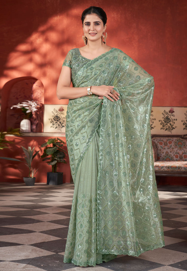 Camo Green Tissue Saree With Blouse