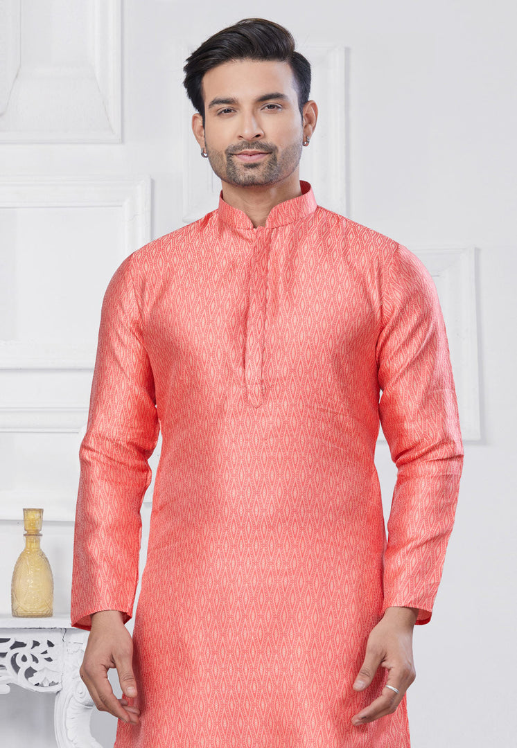 Coral Pink Jacquard Silk Pathani Suit